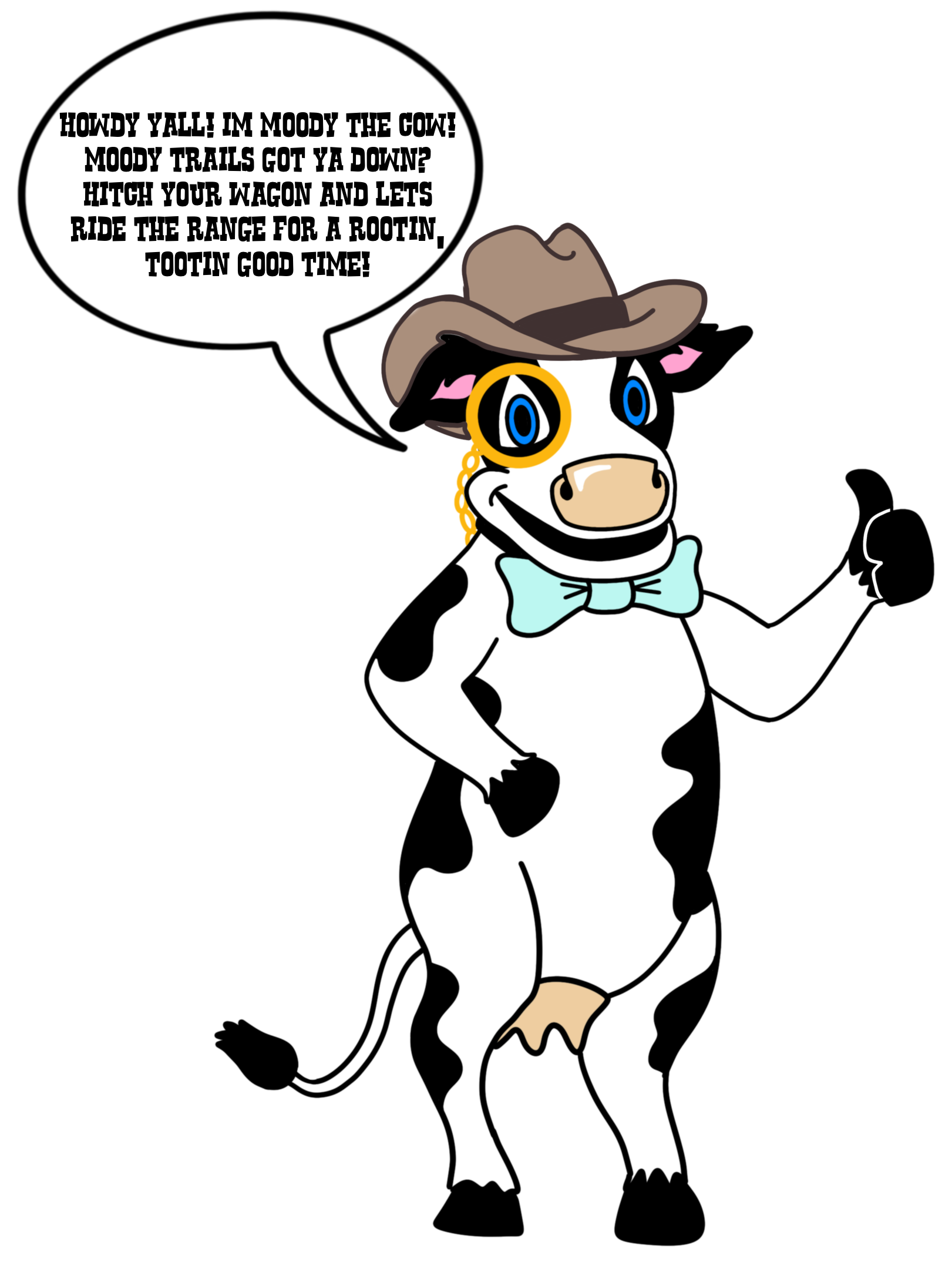 MOOdy the cow mascot with cowboy hat